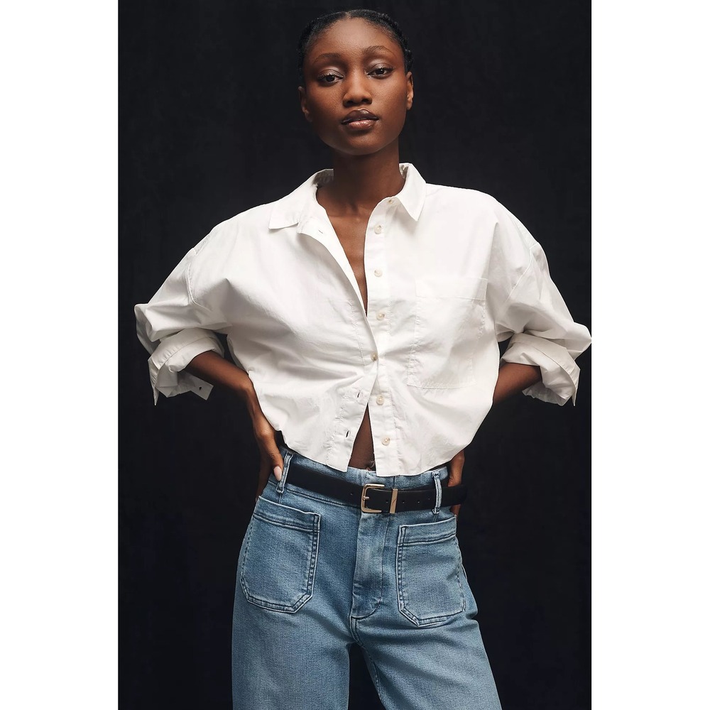 Pilcro Anthropologie Womens Boxy Cropped Cotton Button Down Top Large Classic